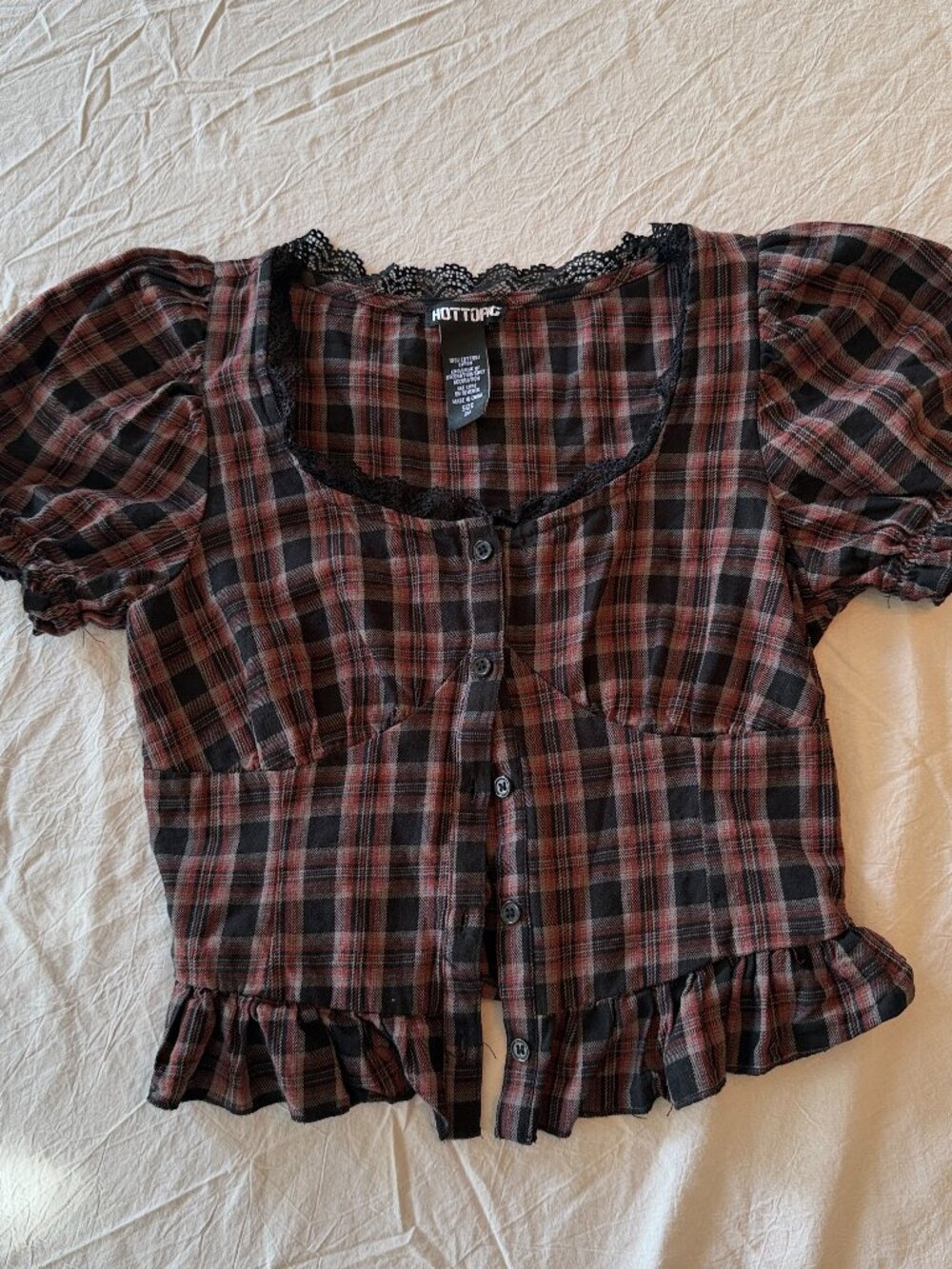 Hot Topic Red Black Plaid Lace Peplum Top Small Puff Sleeve Grunge Goth Blouse